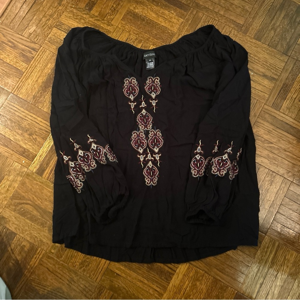 Karen Kane Medium Black Embellished Blouse with Embroidery Peasant  Cottagecore